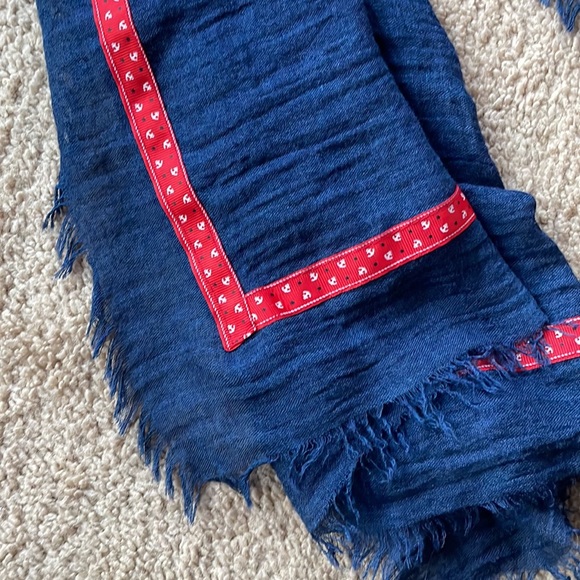 Navy Linen Scarf w/Red Nautical Anchor Ribbon Trim & Frayed Edges 72Lx25.5W” - Picture 2 of 5